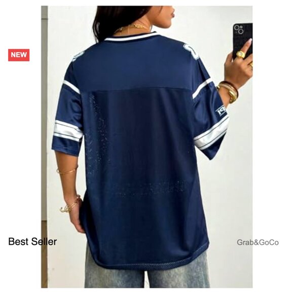 Oversized V-Neck Jersey Shirt Y2K Graphic Print Streetwear Mesh Fabric - Picture 2 of 6